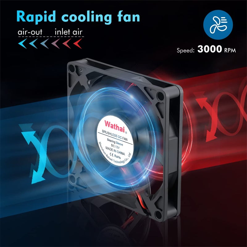 Wathai DC Brushless 12V Cooling Case Fan 80mm x 15mm 3'' 2Pin for Exhaust Replacement Part 2Pack - Image 3